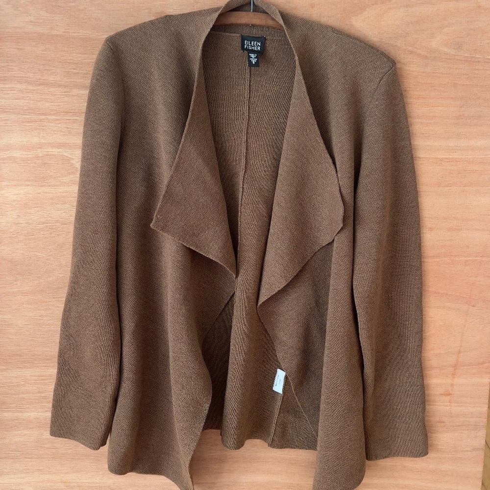 Eileen Fisher Italian Yarn Wool Brown Open Front Cardigan Sweater Size S Minimal